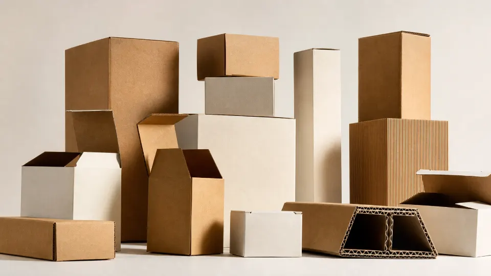 Folding cartons and corrugated boxes showing different board structures