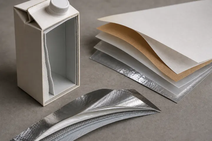 Composite packaging with paper, polymer and barrier layers separated for inspection