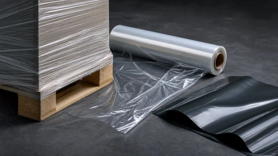 Clear stretch film, film roll and high-barrier packaging wrap samples