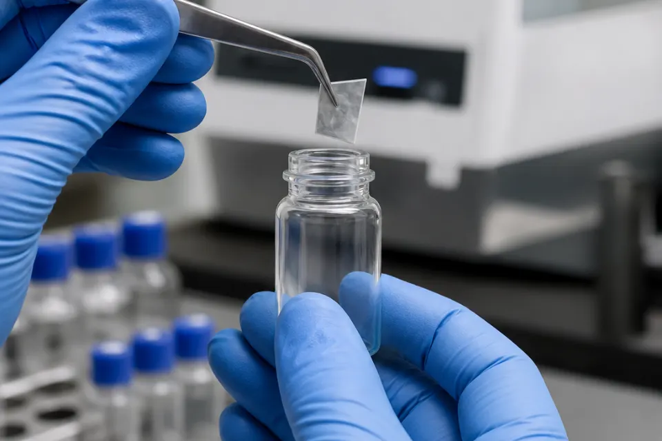 Laboratory technician preparing a flexible packaging sample in a vial for analytical screening