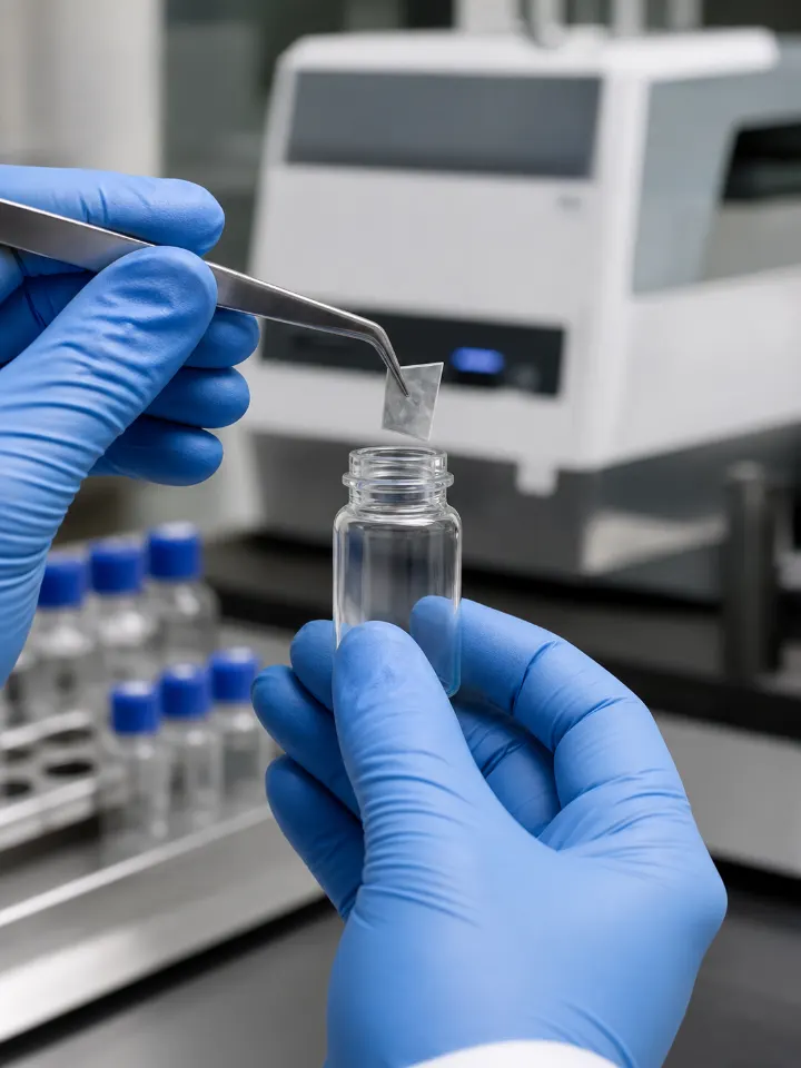 Laboratory technician preparing a flexible packaging sample in a vial for analytical screening