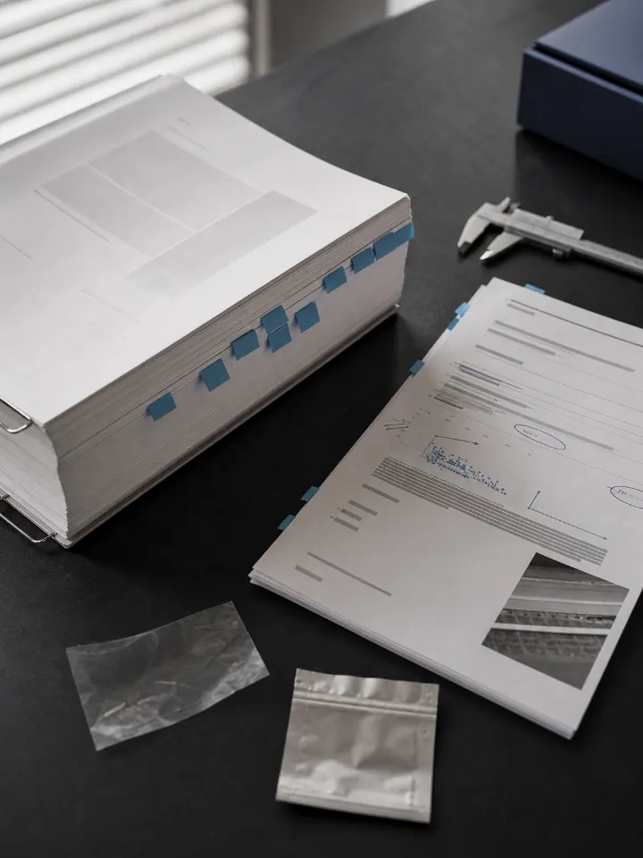 Tabulated regulation, marked-up annex, laboratory report and packaging samples on an evidence desk