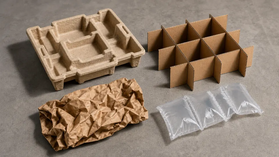 Moulded fibre insert, corrugated divider, kraft paper and air-pillow protective packaging