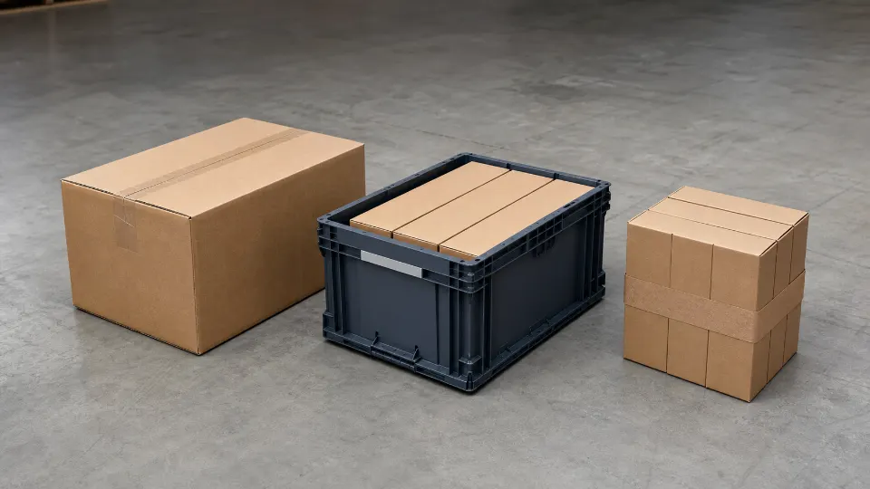 Corrugated transport box, reusable transit crate and grouped carton packaging
